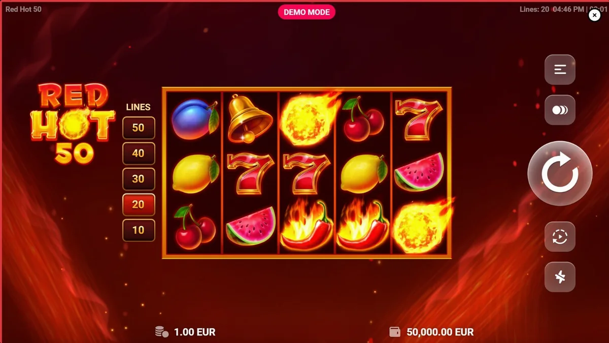 Interface do slot Red Hot 50 com símbolos de frutas em chamas