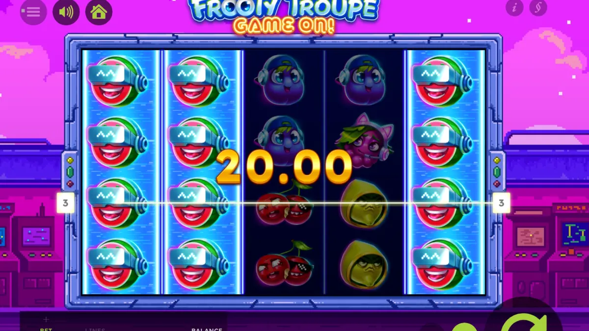 Interface do slot Frooty Troupe com design retrô de frutas e estilo arcade